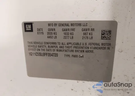 2015 Chevrolet Malibu 1Lt z USA, uszkodzony, nr VIN 1G11C5SL6FF354720